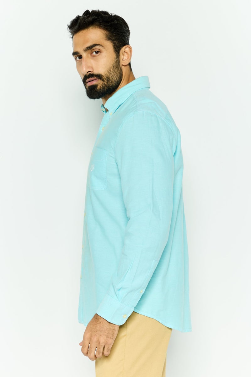 Chaps قميص رجالي بتصميم مخصص بأكمام طويلة وشعار مطرز، تركواز - Image 2